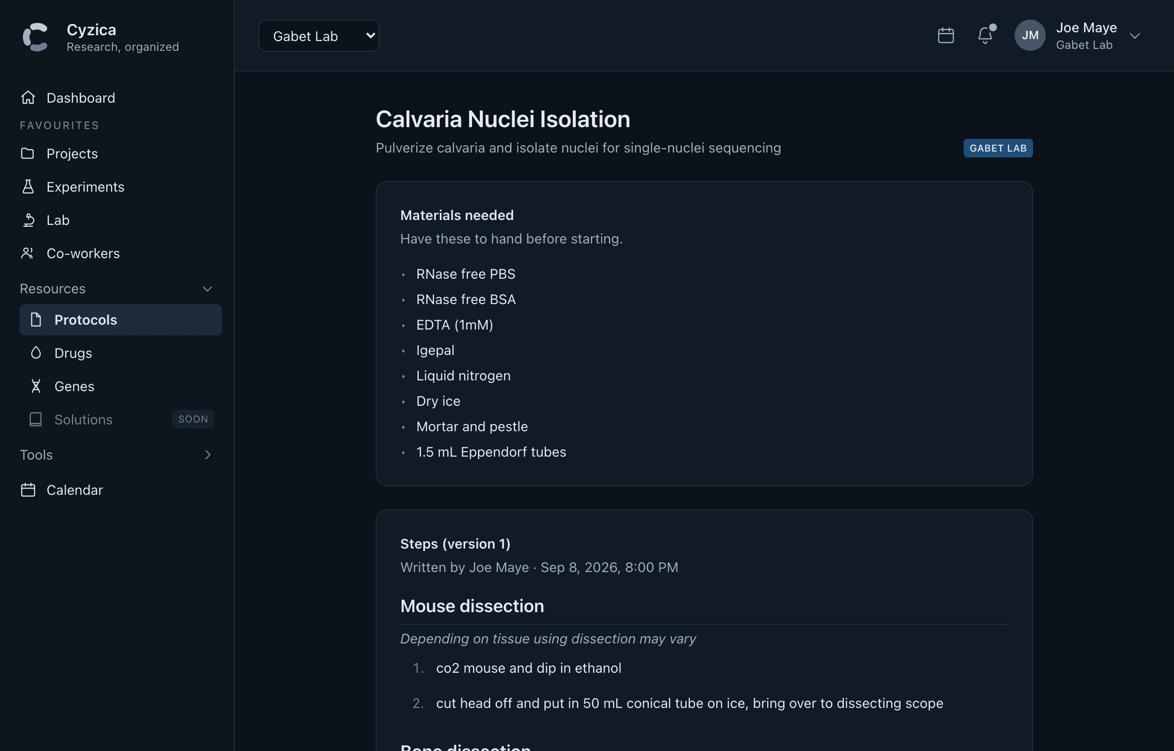A protocol with its materials, sections and version history
